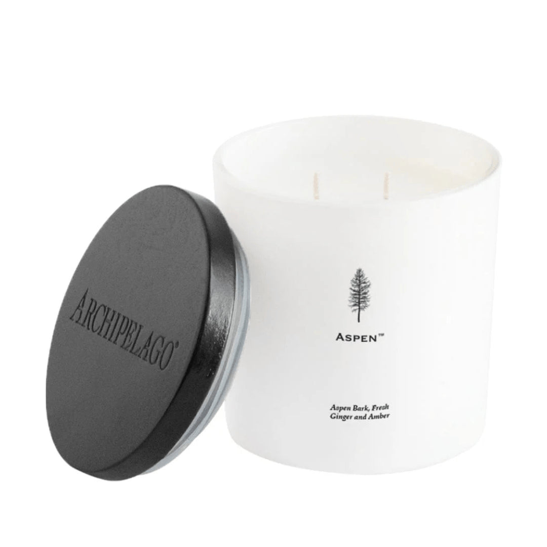 The Aspen Luxe Candle features a white jar with a minimalist tree design, a black lid reading “Archipelago,” two wicks, coconut wax, and hand-poured craftsmanship for a simple, modern look. - image 1