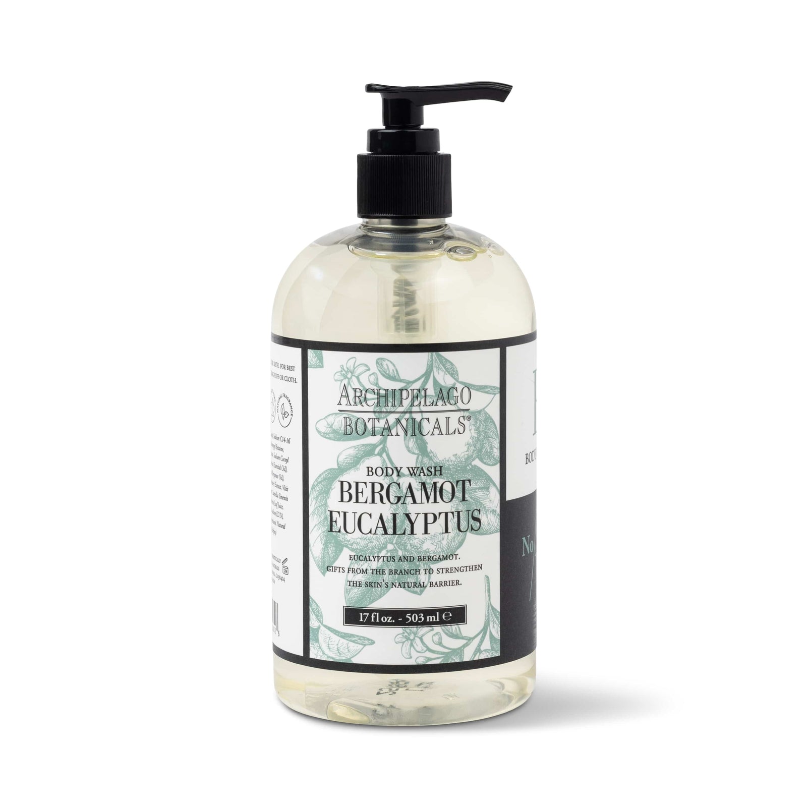 A clear plastic pump bottle of Bergamot Eucalyptus 17 oz. Body Wash features plant-based ingredients and an all-natural fragrance. It has a white and green label with black text and contains 17 fl oz (503 ml) of liquid. - image 1