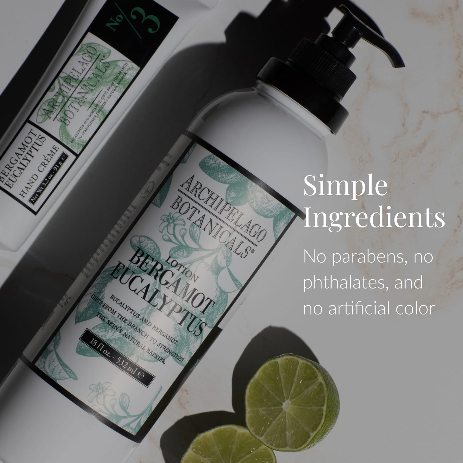 A bottle of Bergamot Eucalyptus Body Lotion is displayed alongside hand crème and fresh lime slices. The text highlights: Simple Ingredients. This plant-based body lotion contains no parabens, no phthalates, and no artificial color. - image 2