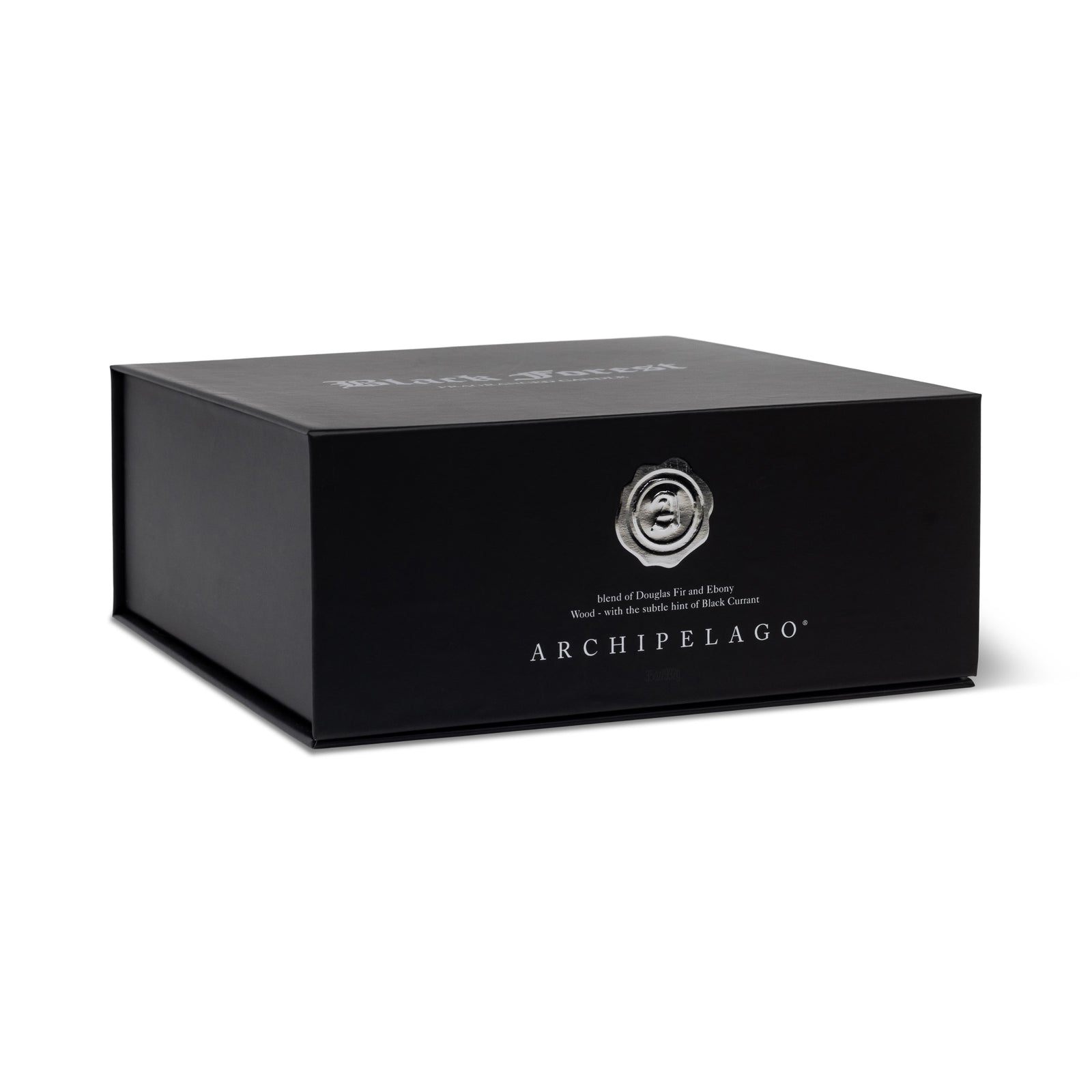 Black Forest 5-Wick Candle in a rectangular gift box, featuring a silver wax seal emblem and notes of Douglas Fir, Ebony, and Black Currant. - image 3