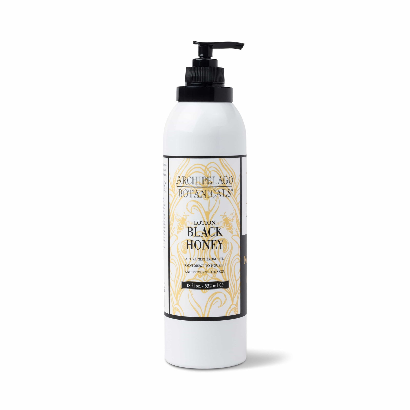 A white bottle with a black pump labeled Black Honey Body Lotion by Archipelago Botanicals features gold accents and contains 18 fl oz (532 ml) of hydrating, moisturizing lotion. - image 1
