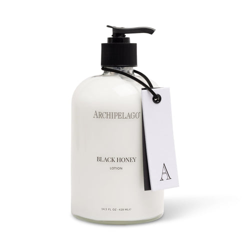 Black Honey Lotion in a glass bottle with Archipelago branded tag.