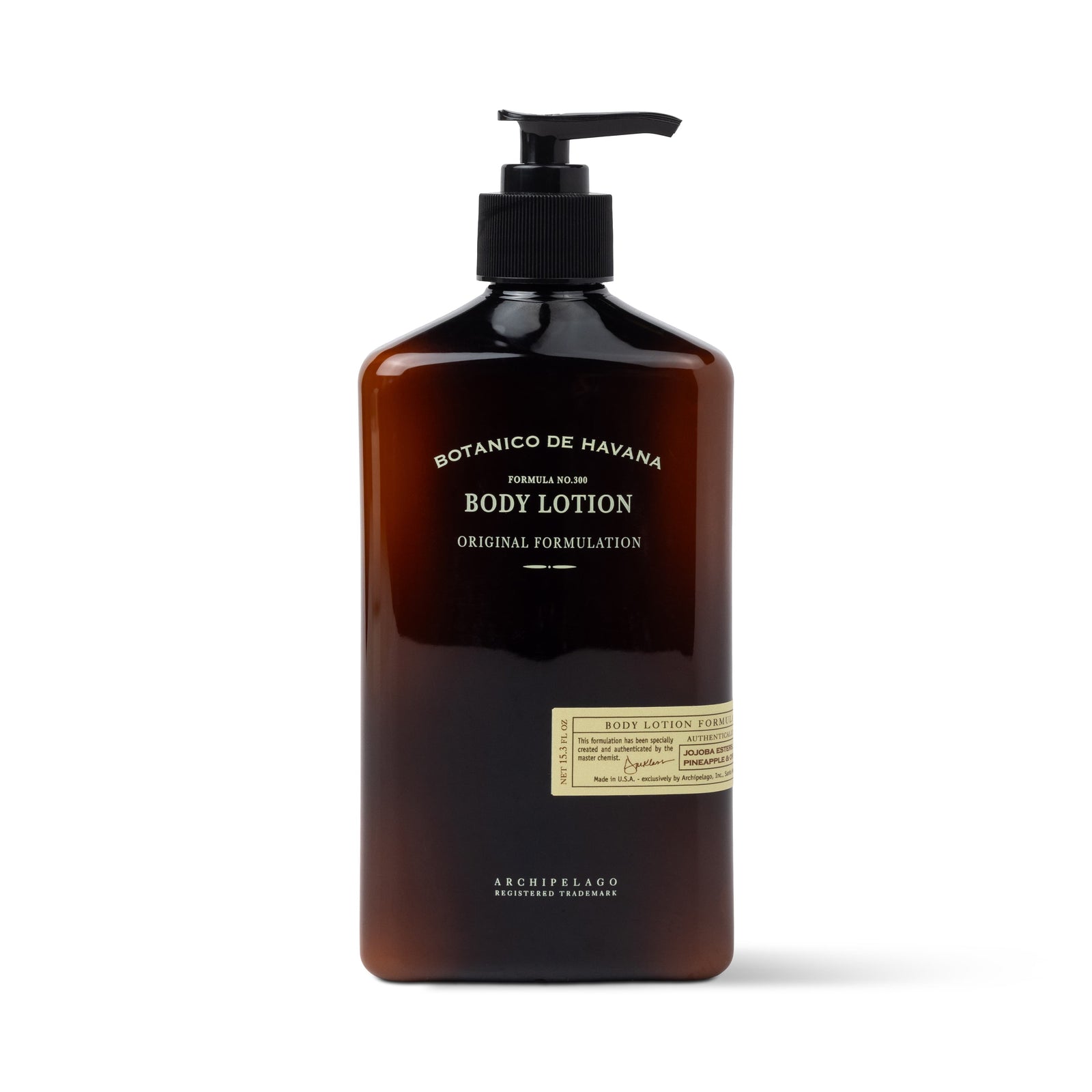 A brown pump bottle of Botanico de Havana Body Lotion stands upright on a white background with a small beige label near the base and "Botanico de Havana Body Lotion" clearly displayed. - image 1