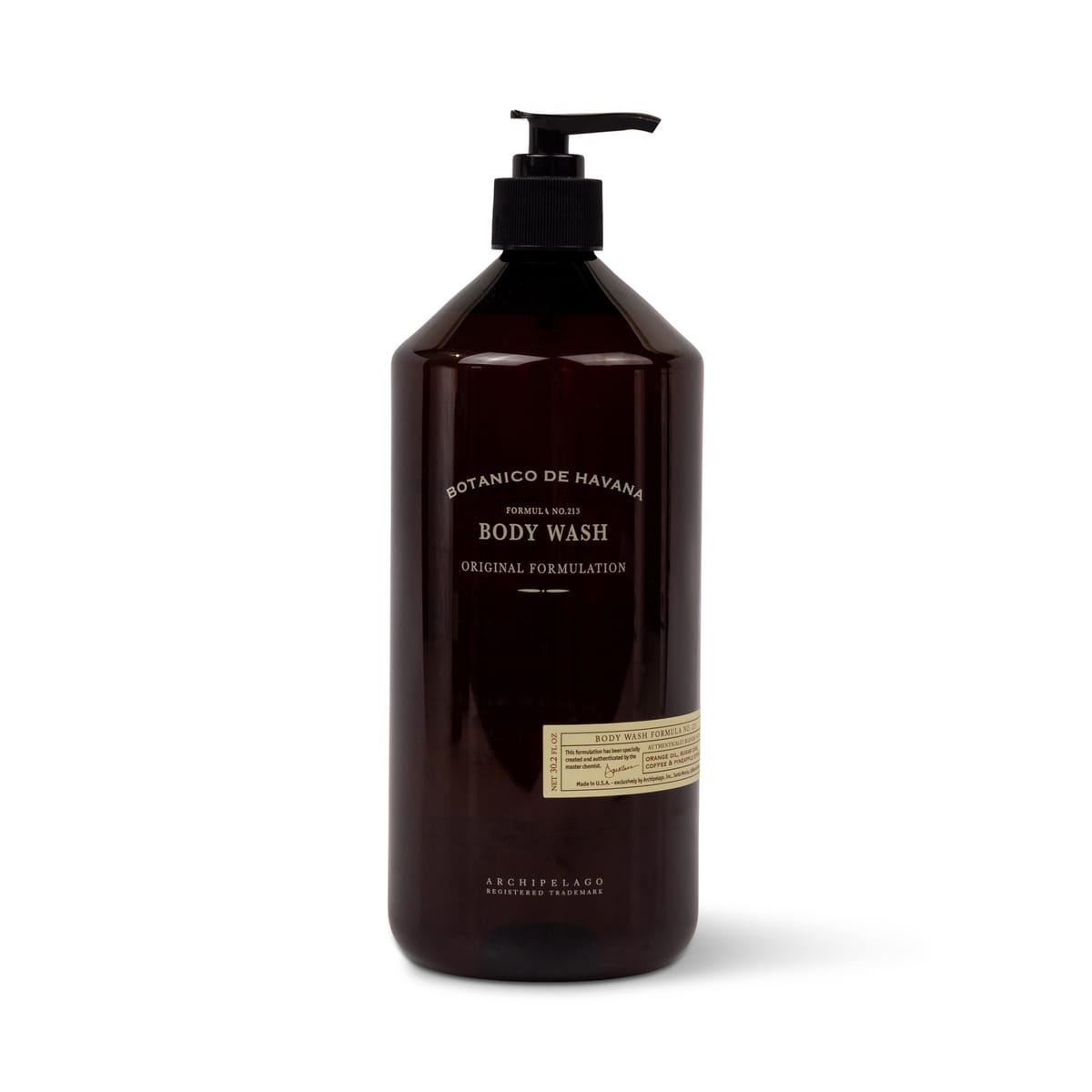 A brown plastic bottle of Botanico de Havana Body Wash with a black pump dispenser and a rectangular label. - image 1