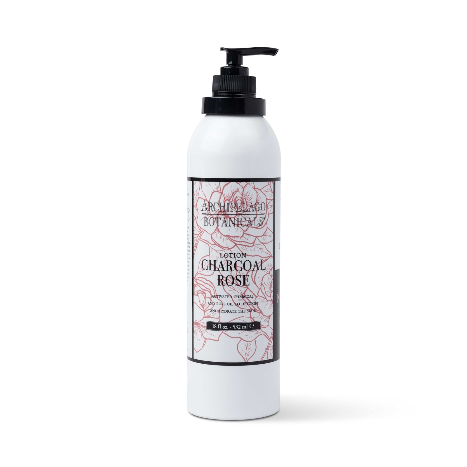 A white bottle with a black pump dispenser labeled Charcoal Rose Body Lotion, featuring a black and pink floral design and infused with activated charcoal for a nourishing skincare experience. - image 1