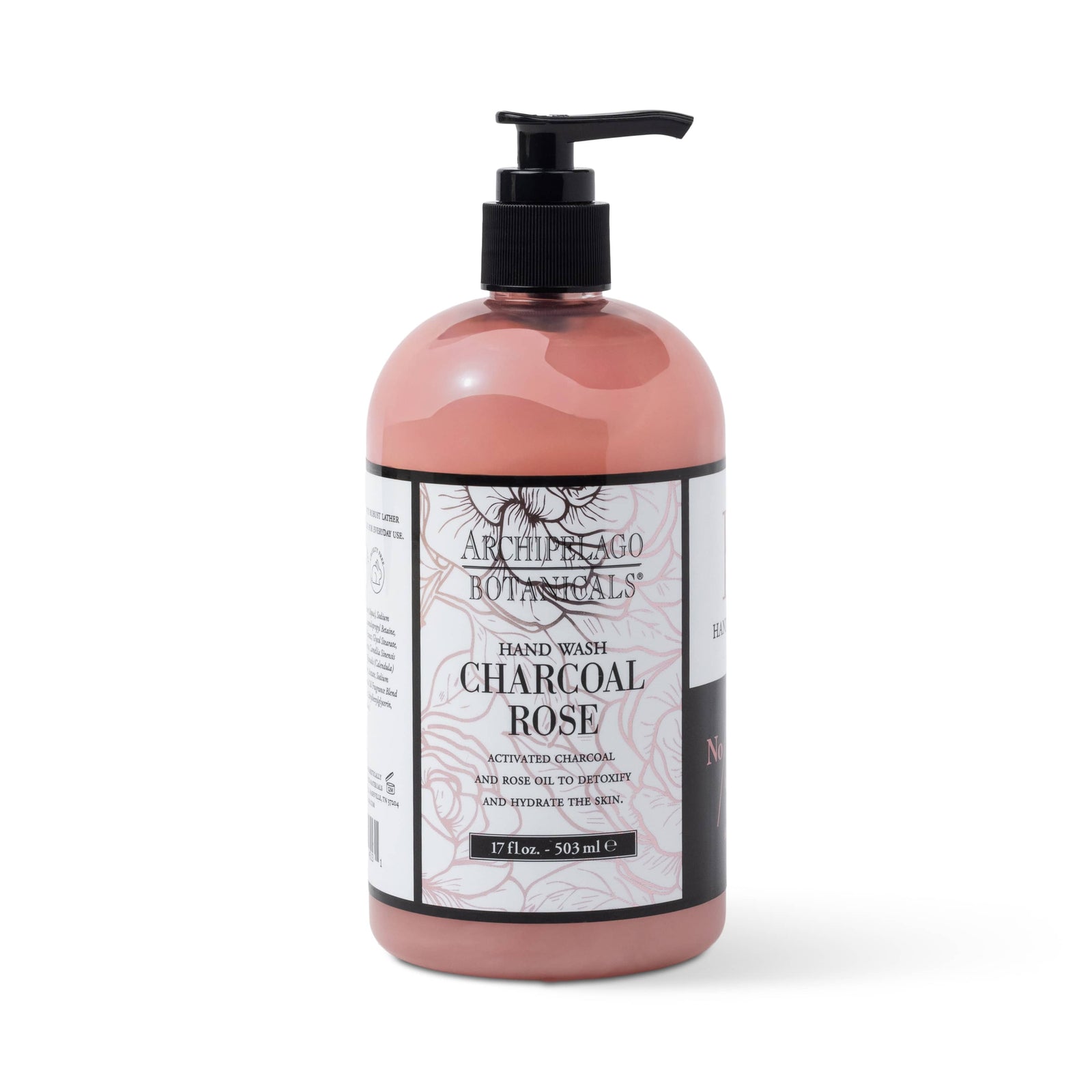 A bottle of Charcoal Rose Hand Wash features a black pump, pink liquid with Activated Charcoal, and a white label highlighting this gentle and nourishing hand wash. - image 1