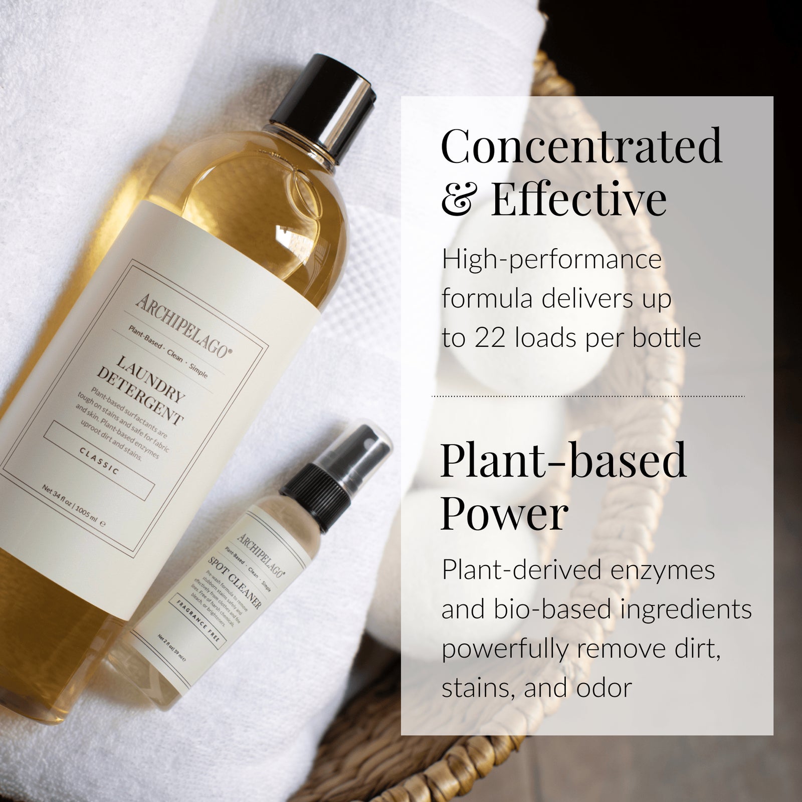 A bottle of Classic Laundry Detergent and a room spray sit in a woven basket with white towels. The text highlights their concentrated, plant-based formula and impressive cleaning power. - image 3
