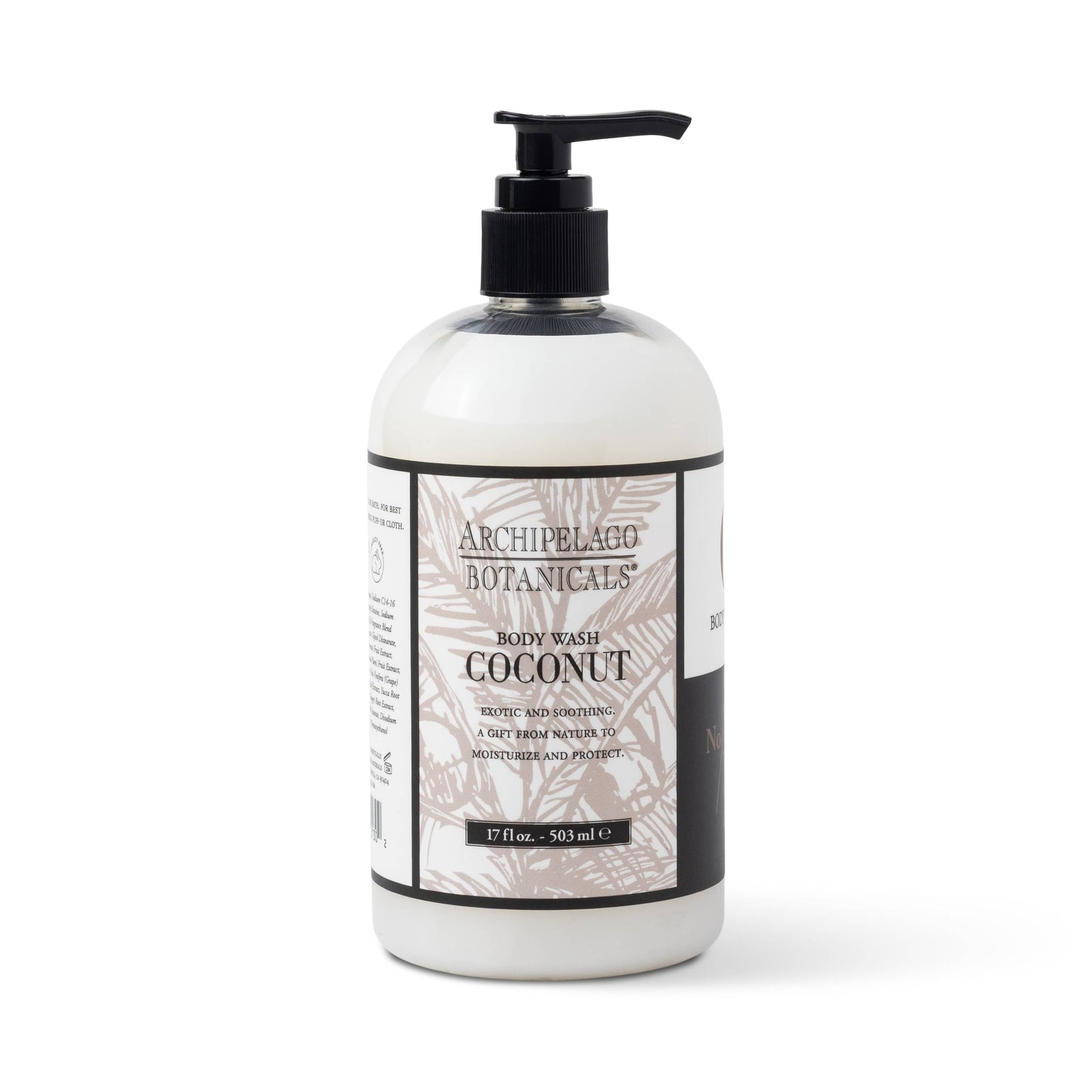 A 17 oz. bottle of Coconut Body Wash with a black pump dispenser, featuring brown palm designs on the label and enriched with natural coconut oil. - image 1