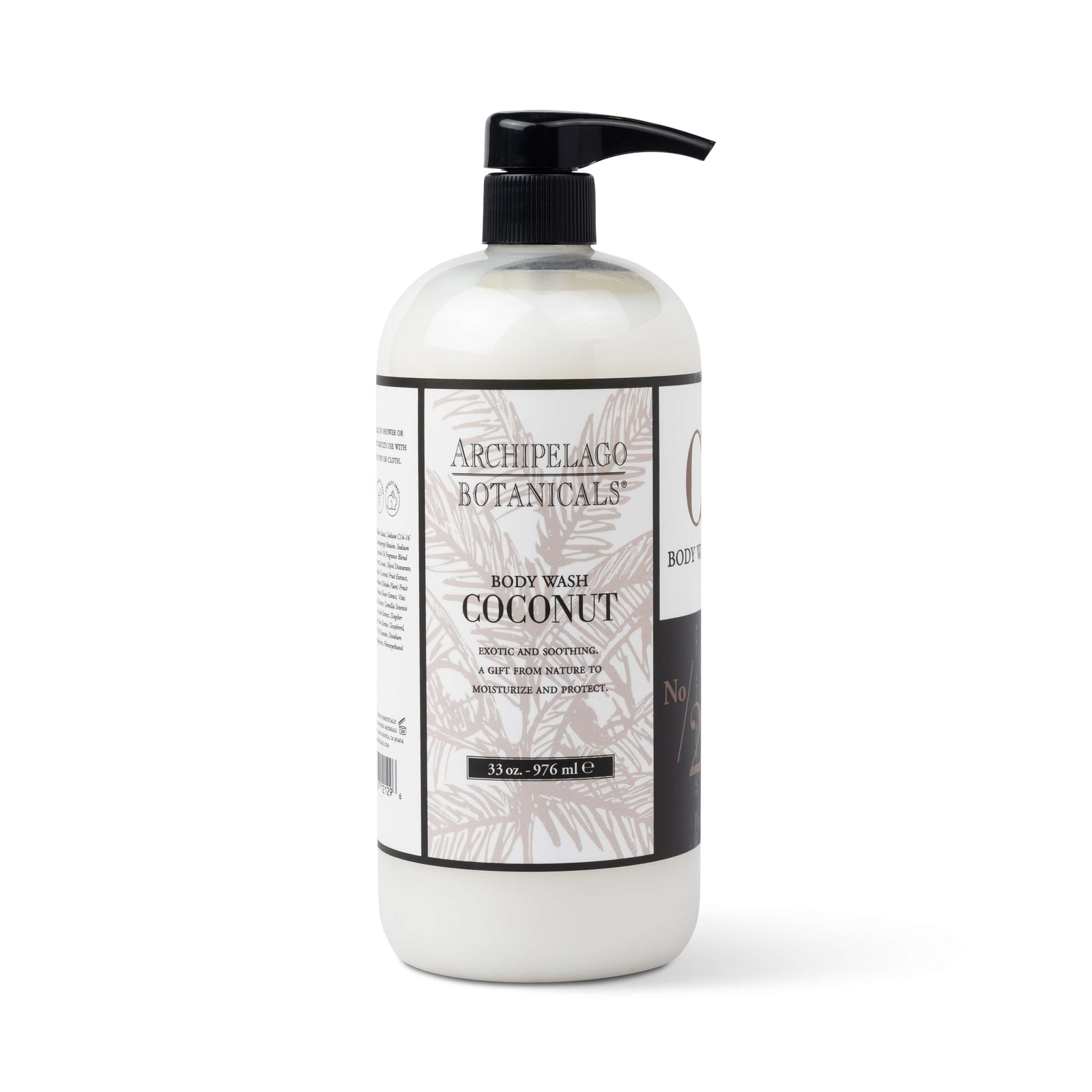 A 33 oz. Coconut Body Wash with a black pump and white label featuring palm leaves; this sulfate-free formula is enriched with natural coconut oil. - image 1