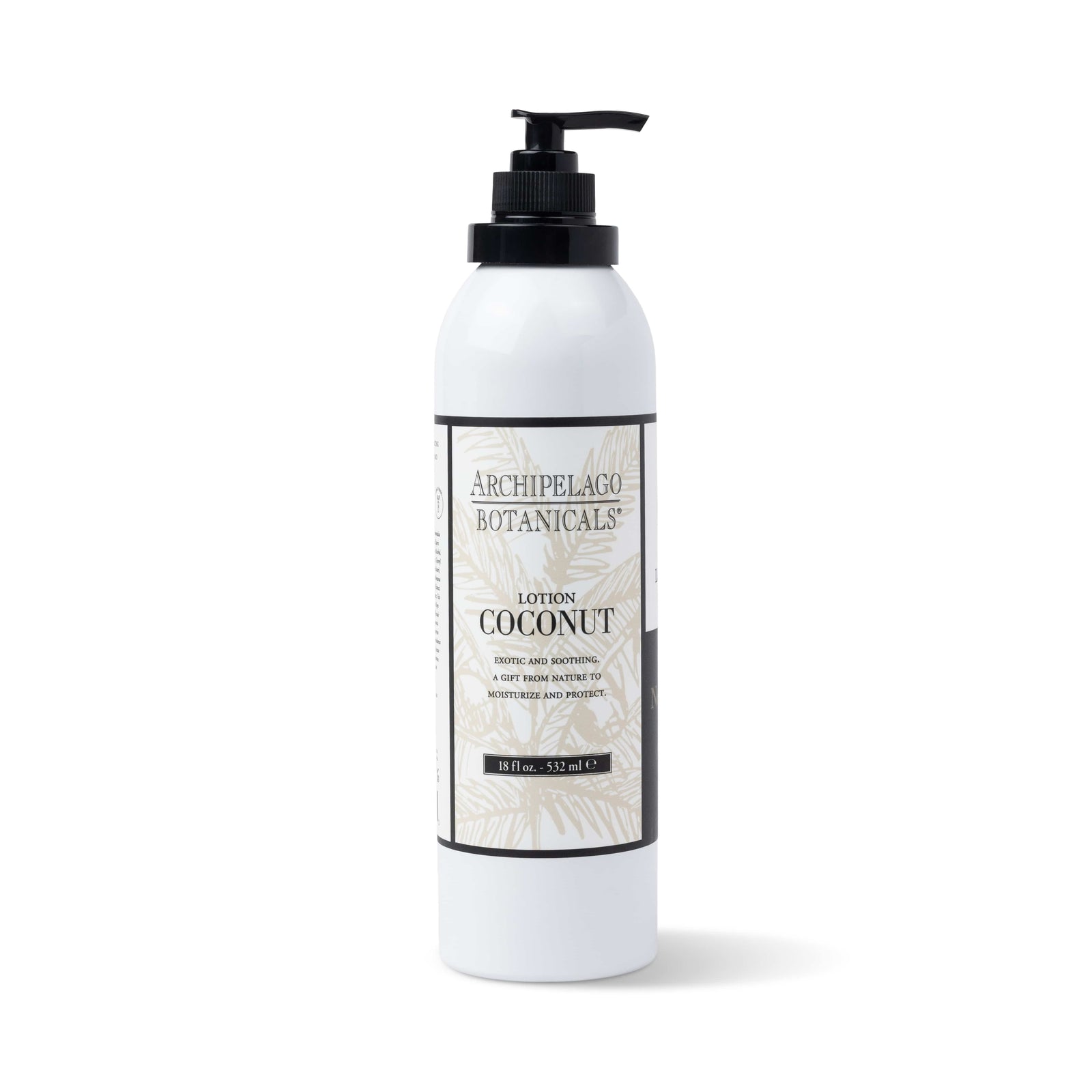 A white bottle of Coconut Body Lotion by Archipelago Botanicals with a black pump and a front label displaying beige palm leaf designs and product details. - image 1