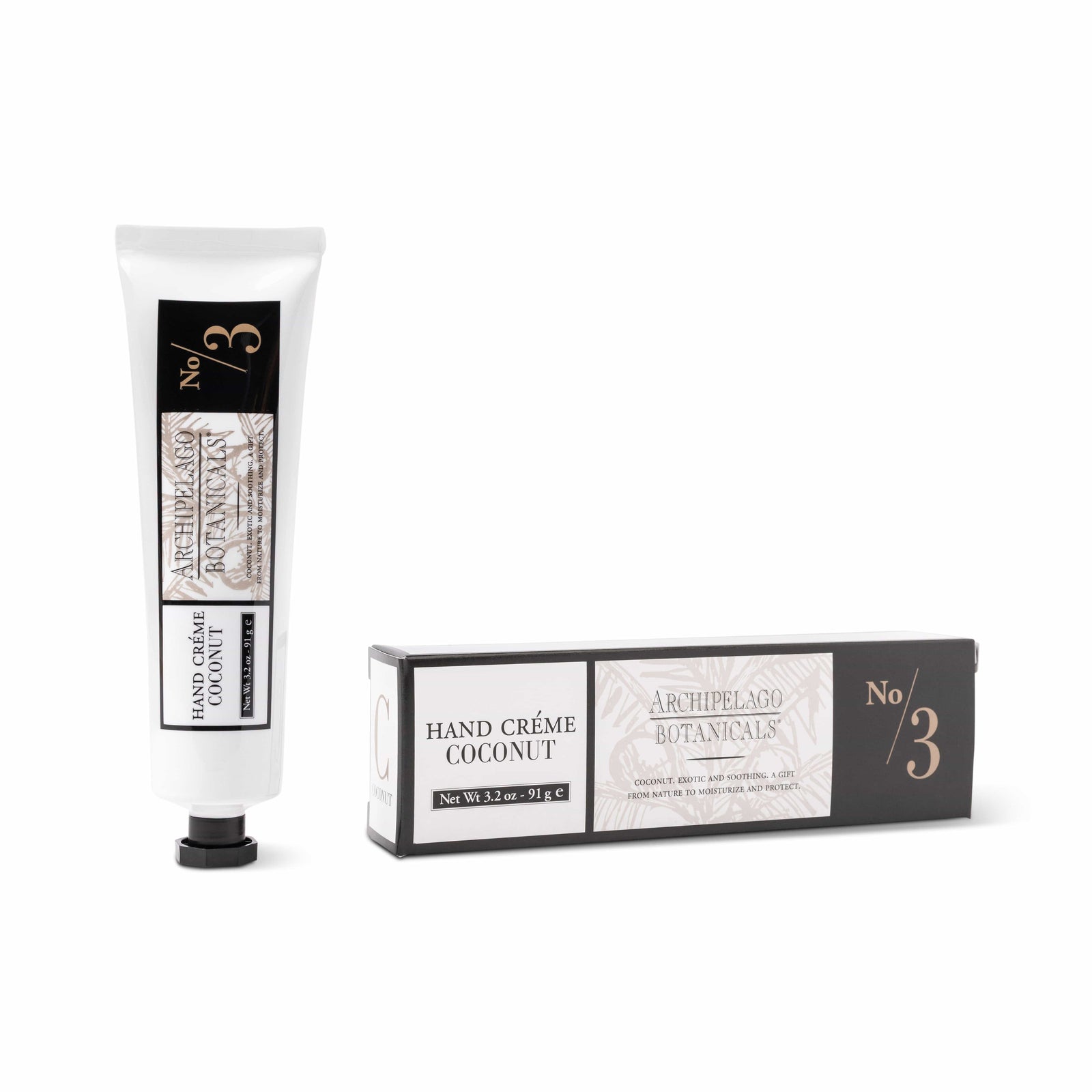 A tube and box of Coconut Hand Creme, 3.2 oz, featuring stylish black and white packaging with gold accents. The upright tube is paired with a coordinating box, making it an ideal hydrating hand cream enriched with nourishing coconut oil for smooth, soft skin. - image 1