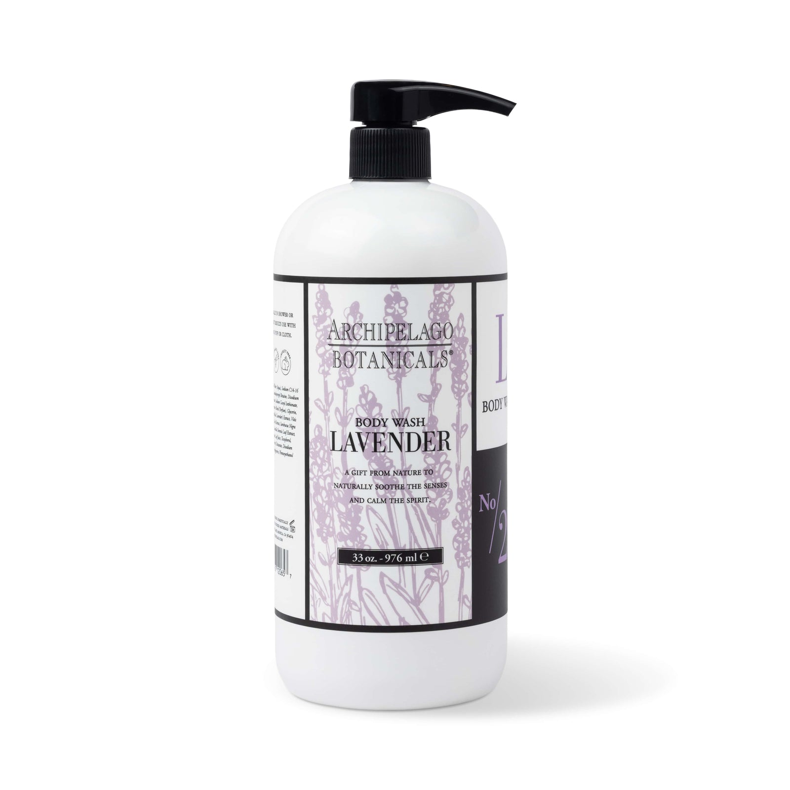 A 33 oz. white pump bottle of Lavender Body Wash, featuring lavender artwork and purple/black accents. Infused with essential oils, it promotes healthy skin. - image 1