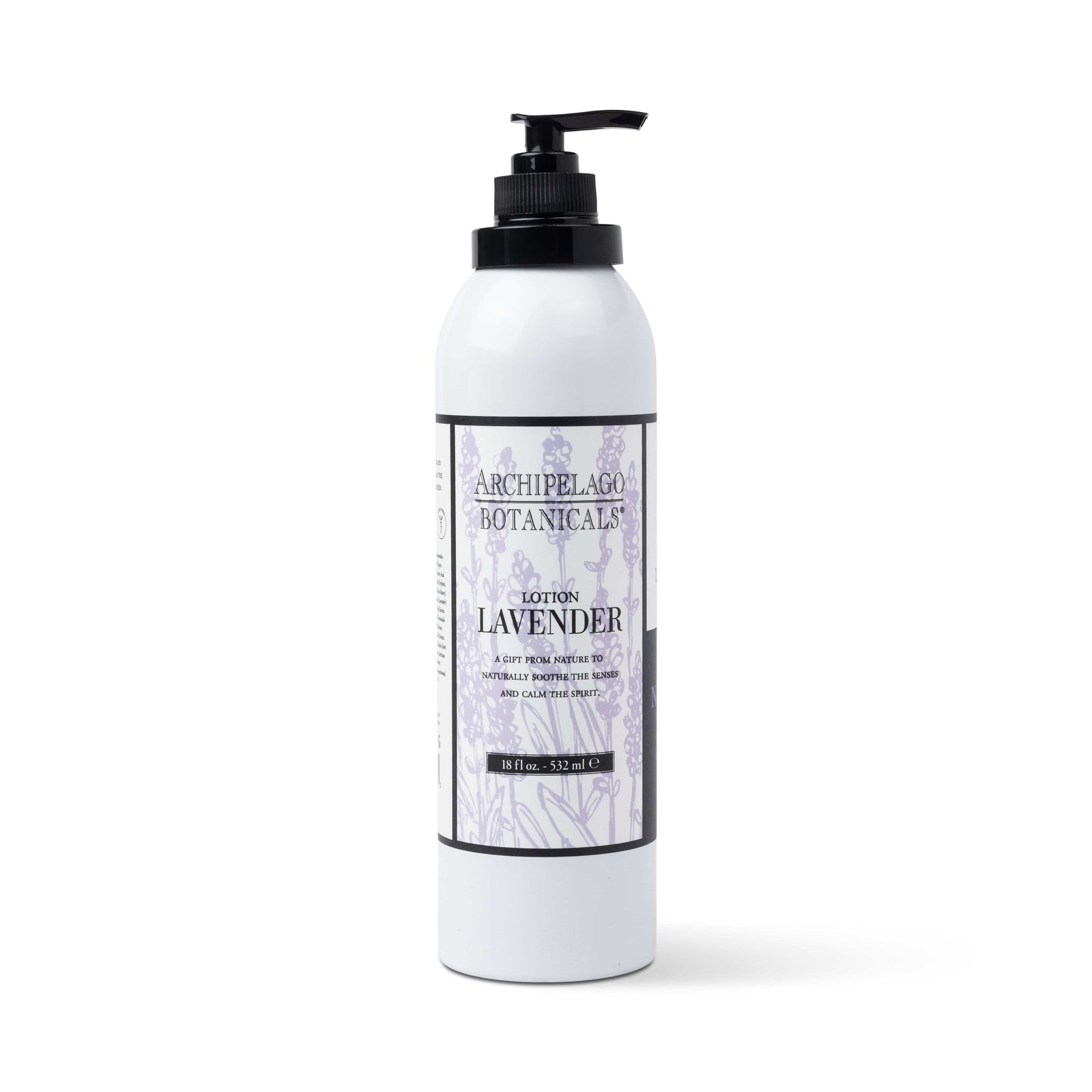 A white bottle of Lavender Body Lotion with a black pump and a purple floral label, enriched with essential oils, stands upright against a plain white background. - image 1