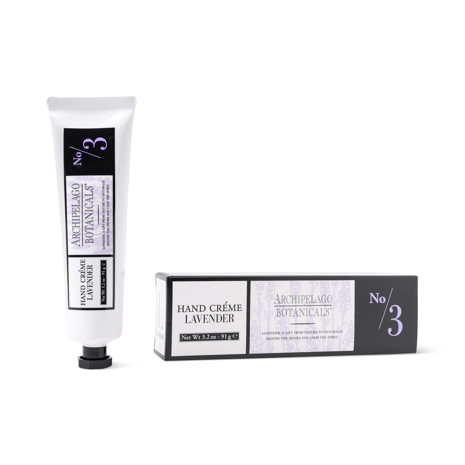 A tube of Lavender Hand Creme is displayed beside its matching rectangular box, both sporting a minimalist black and white design with lavender accents. Enhanced with essential oils, this hand creme delivers luxurious skin hydration while presenting its refined packaging. - image 1