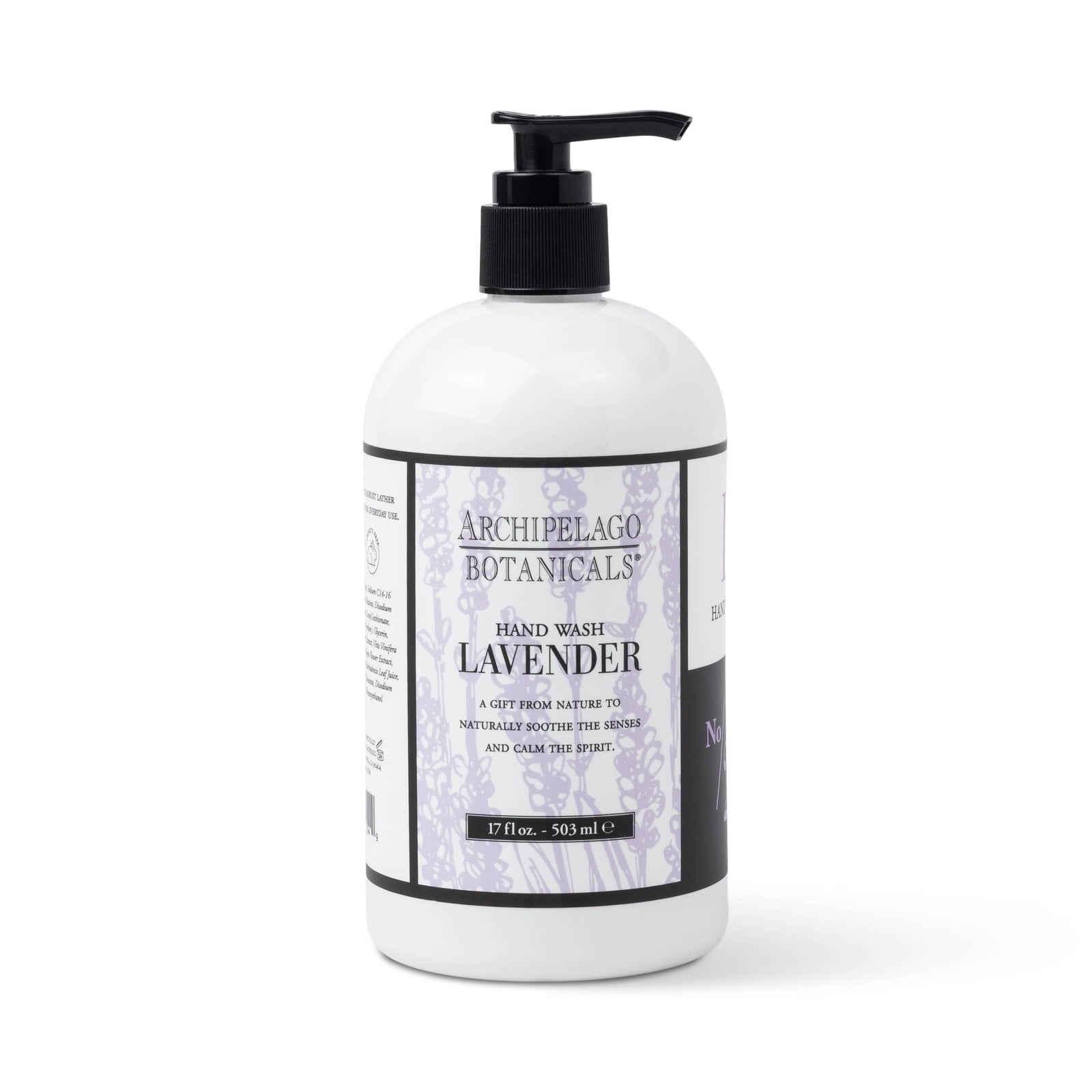 A white pump bottle labeled "Lavender Hand Wash" features purple accents, a lavender illustration, and highlights essential oils. The front displays the product description and size: 17 fl. oz. (503 ml). - image 1