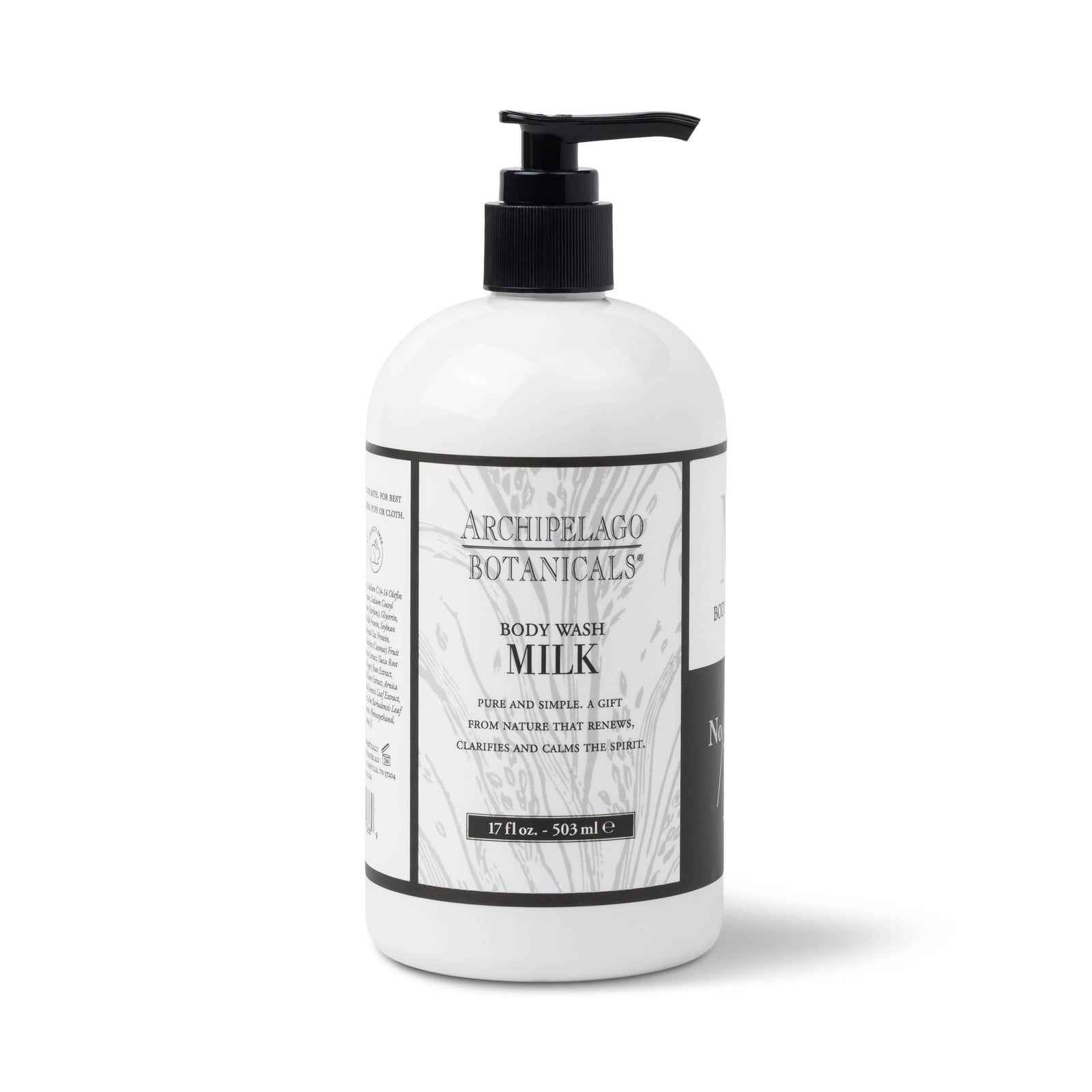 A white bottle of Milk 17 oz. Body Wash with a black pump and label featuring black and gray designs and text. This gentle cleanser is ideal for dry skin, 17 fl oz (503 ml). - image 1