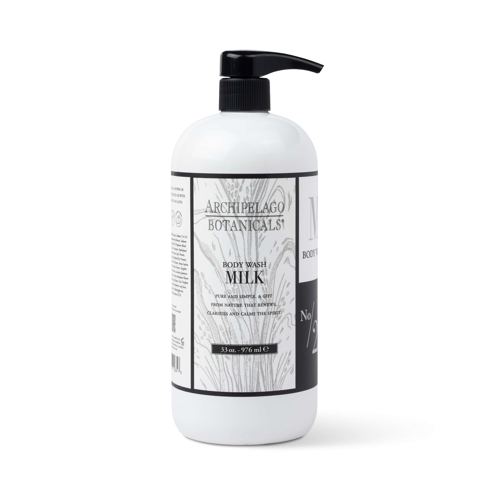 A large white bottle of Milk 33 oz. Body Wash featuring a black pump dispenser and a label with botanical illustrations, highlighting its gentle foaming cleanser formula for an aromatherapy bath and body experience. - image 1
