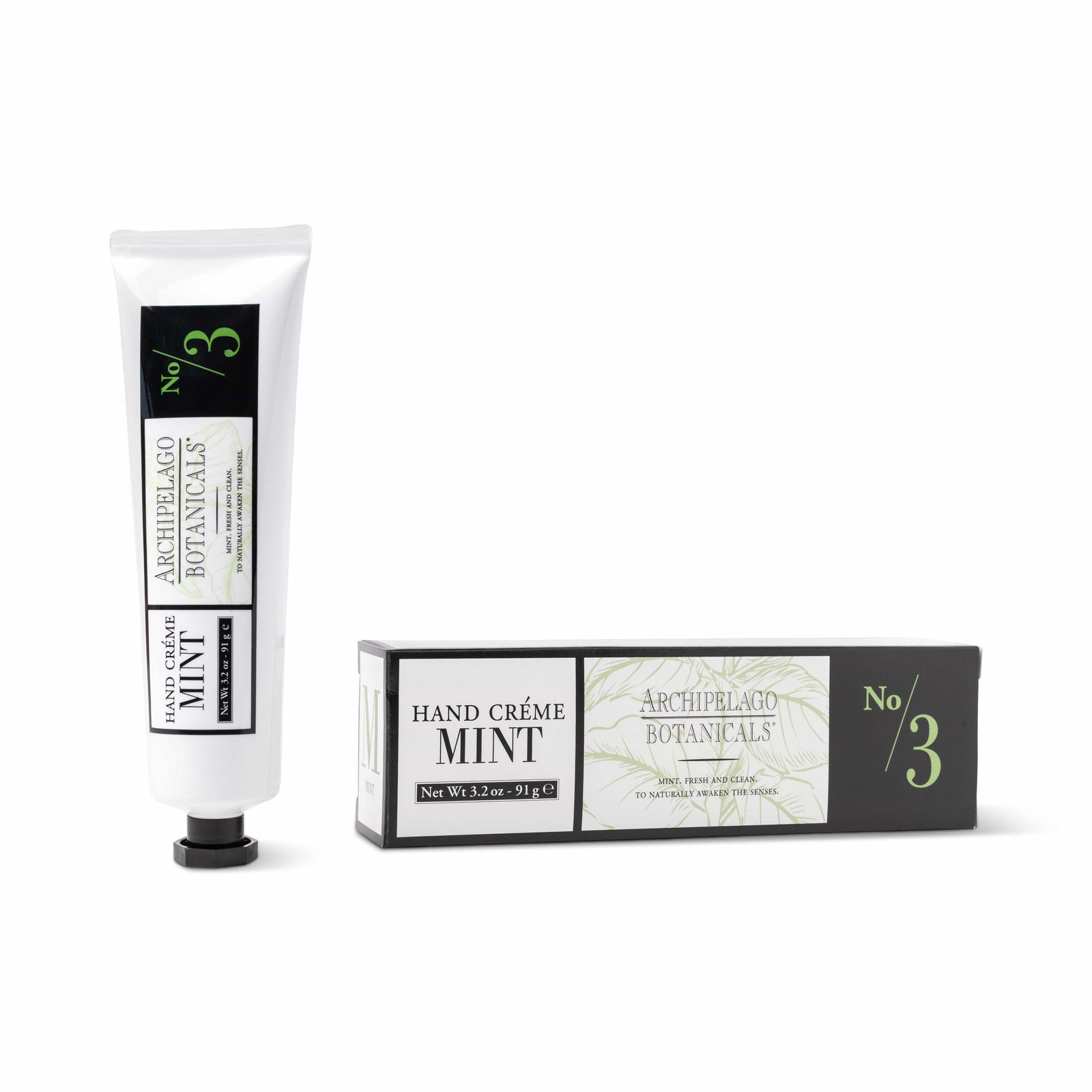 A tube and box of Morning Mint Hand Creme, 3.2 oz—a soothing mint hand cream perfect for relieving dry skin and chapped hands. The packaging is white with green and black accents and botanical design elements. - image 1