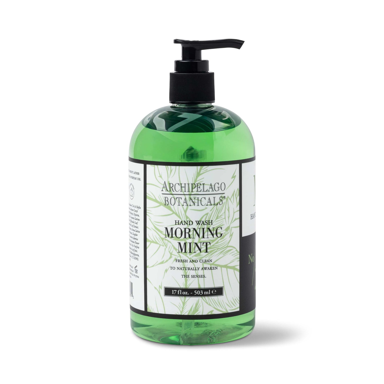 A green bottle of Morning Mint Hand Wash with a black pump dispenser features mint-themed graphics and black text on a white label, emphasizing its refreshing mint extracts. - image 1