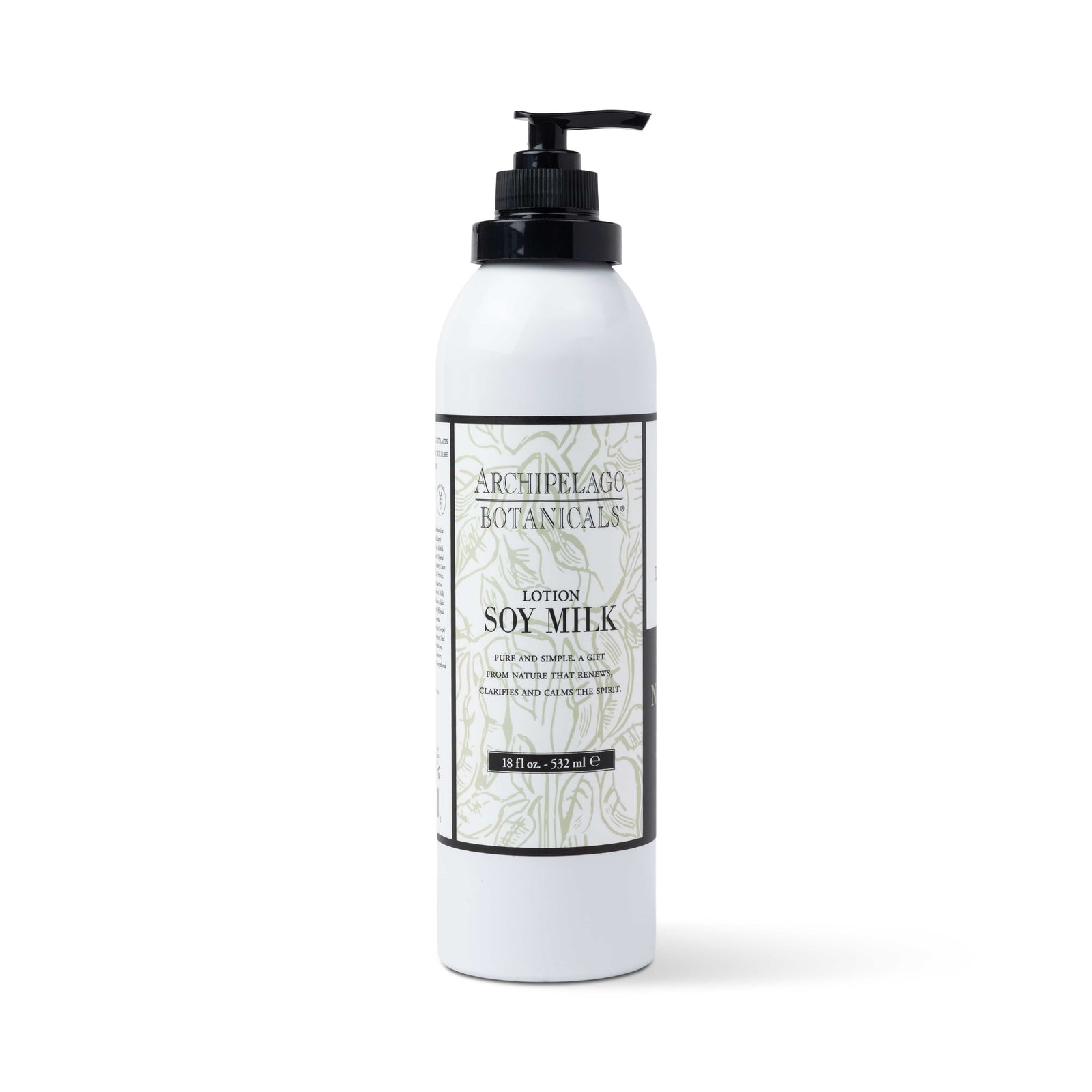 A white bottle of Soy Milk Body Lotion by Archipelago Botanicals, equipped with a black pump and adorned with a decorative label featuring green botanical accents and product information. This paraben-free lotion is enriched with soothing soy protein to provide nourishing hydration for daily use. - image 1