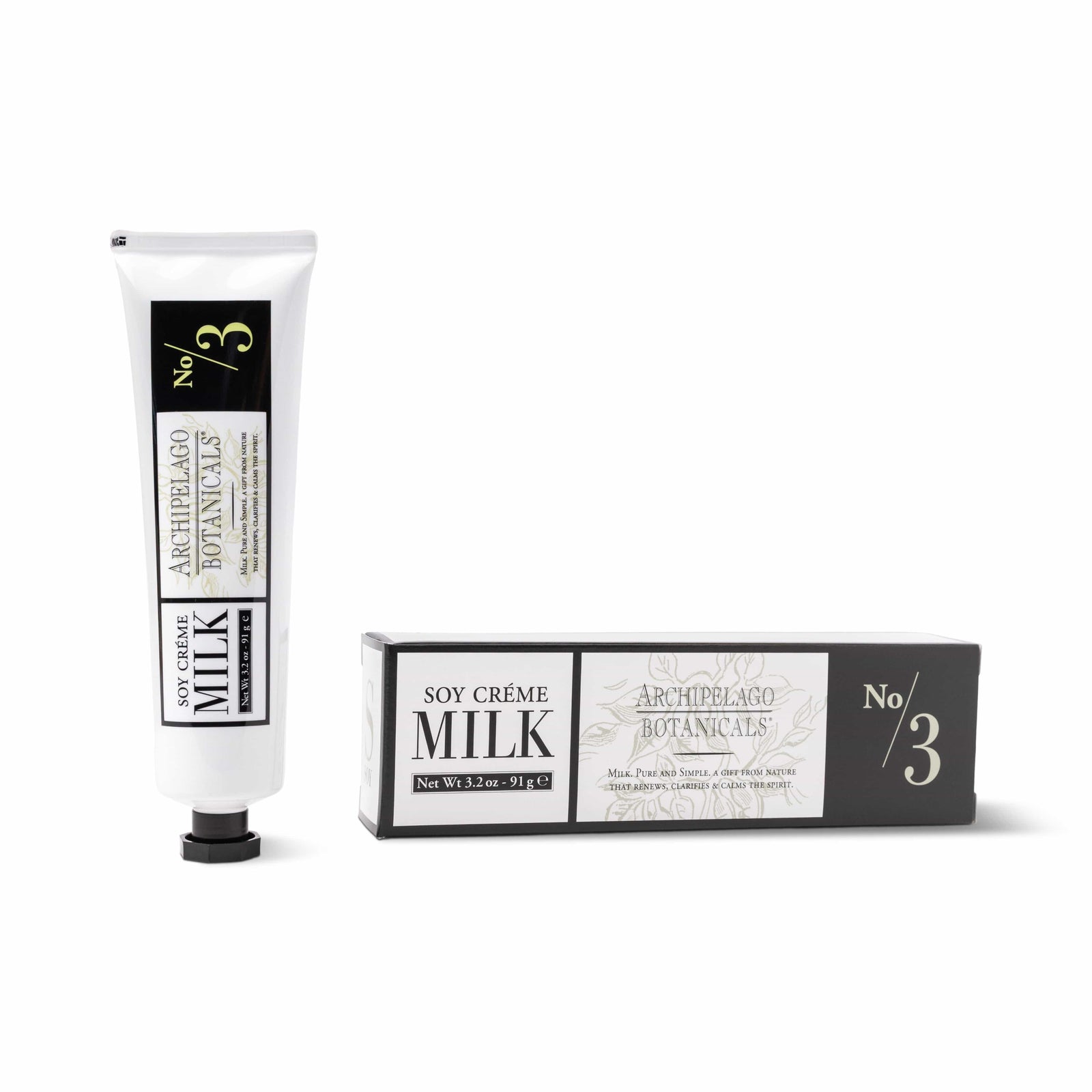 A tube and box of Soy Milk Hand Creme—an indulgent hand cream enriched with nourishing soy extract. The tube stands upright with the cap down, while the rectangular box lies flat beside it; both are adorned with black, white, and gold design elements that add a touch of elegance to any skincare routine. - image 1