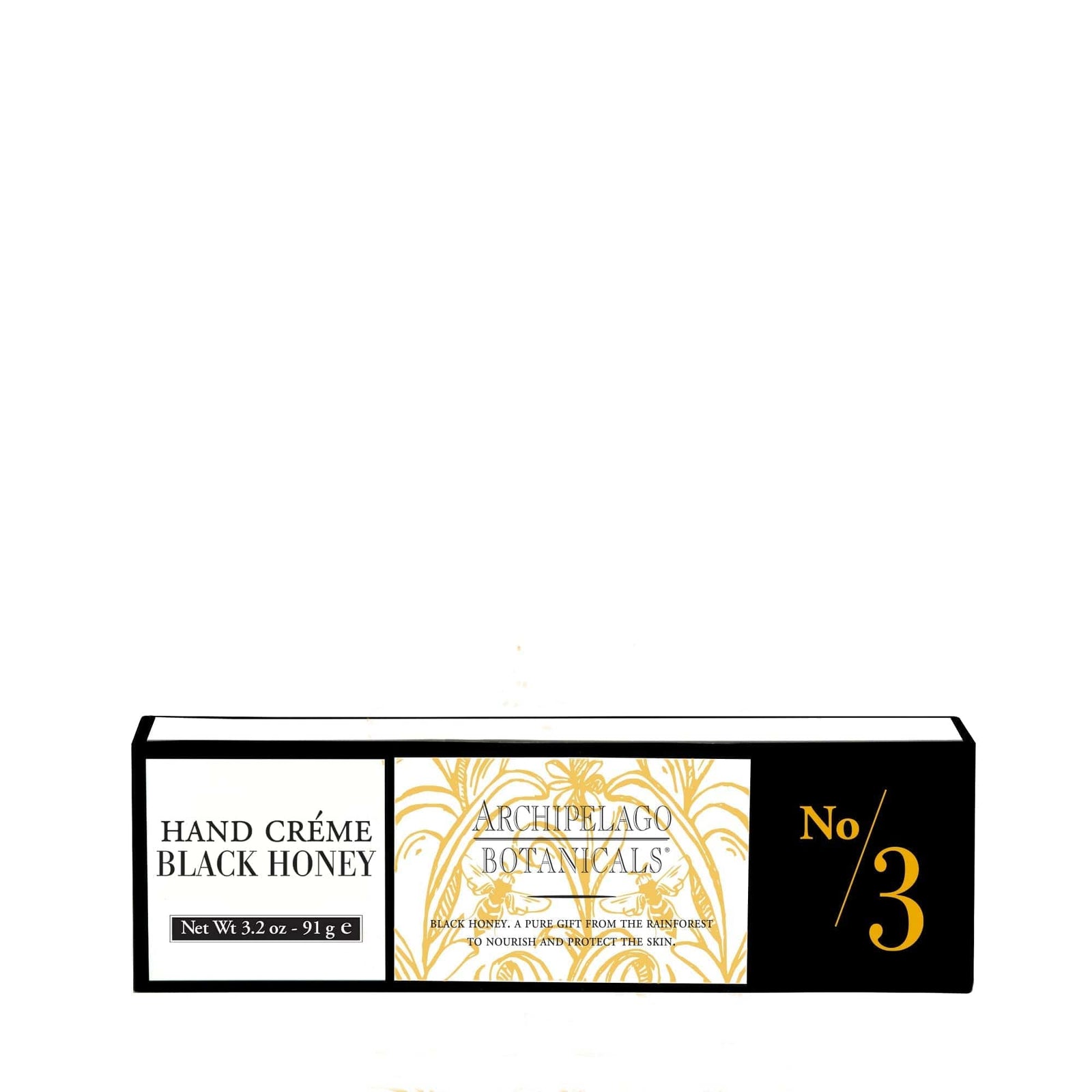 A rectangular box of Archipelago Botanicals Black Honey Hand Creme, No. 3, 3.2 oz—ideal for hand and cuticle care—featuring gold and black accents with an art deco design at the center. - image 4
