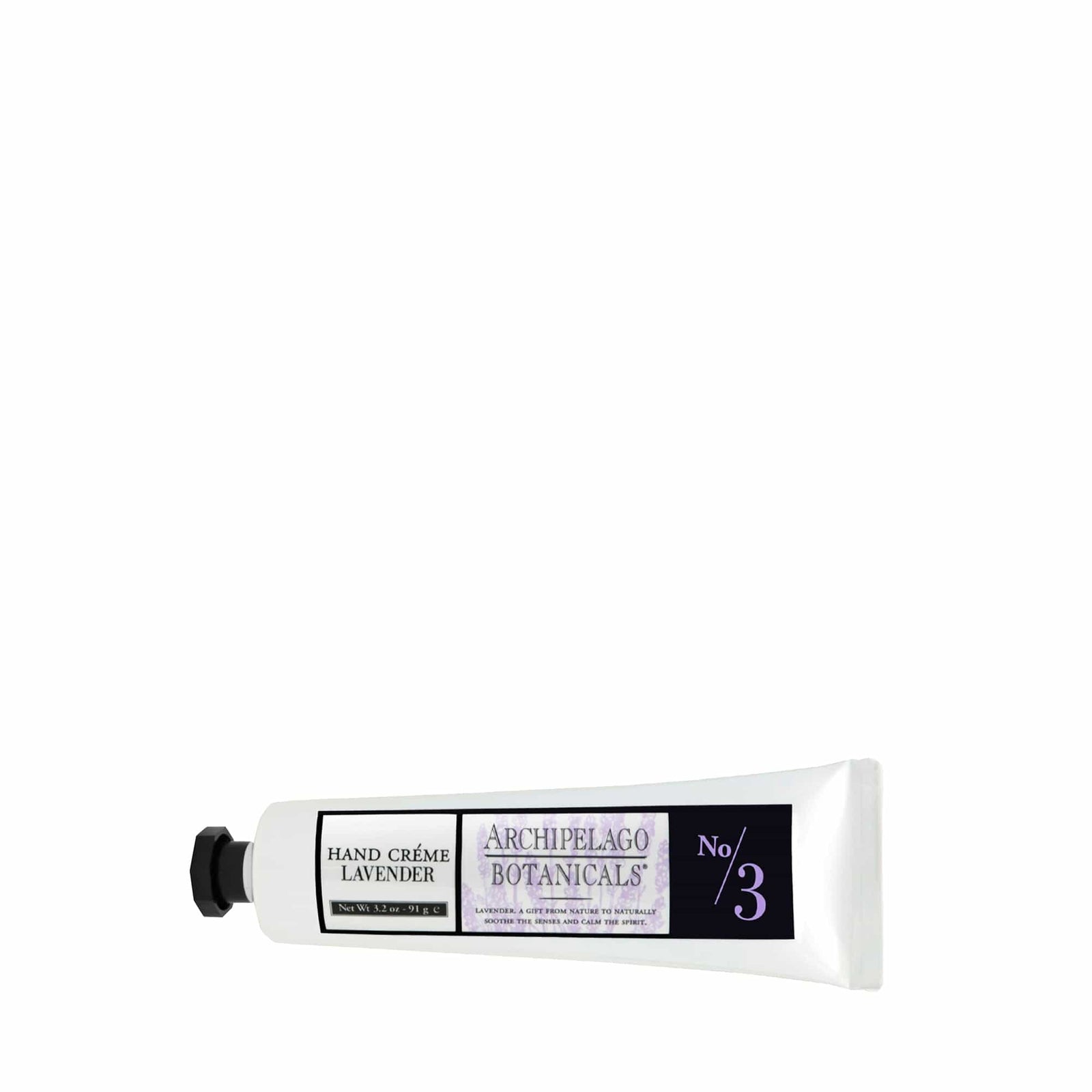 A white tube of Lavender Hand Creme, enriched with essential oils for superior skin hydration, is shown with a black cap on a white background. The tube features purple, black, and white labeling. - image 2
