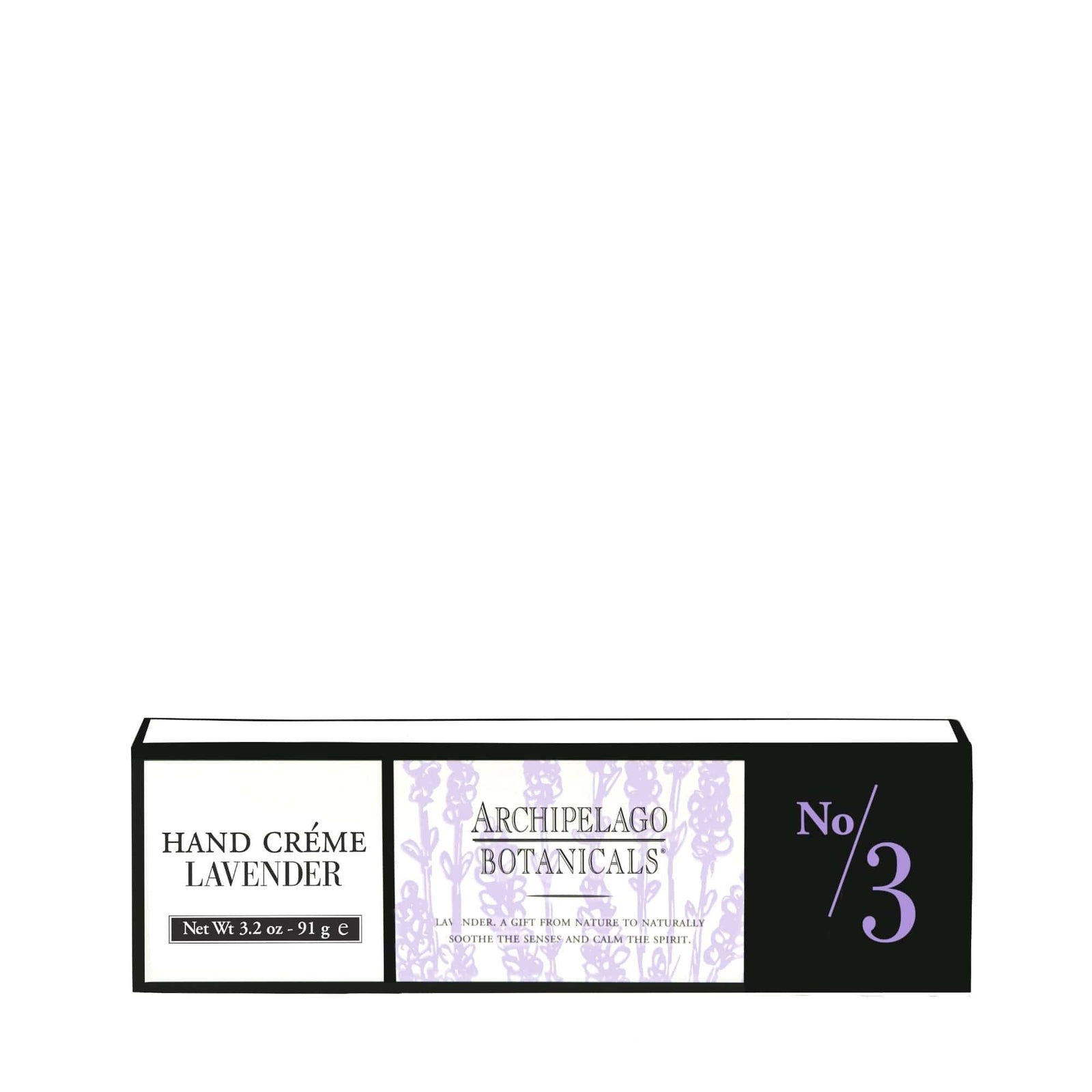 A rectangular box of Lavender Hand Creme in the relaxing No. 3 scent, featuring white packaging with black and purple accents and containing 3.2 oz (91 g) of hand crème, specially formulated with essential oils for luxurious skin hydration. - image 3