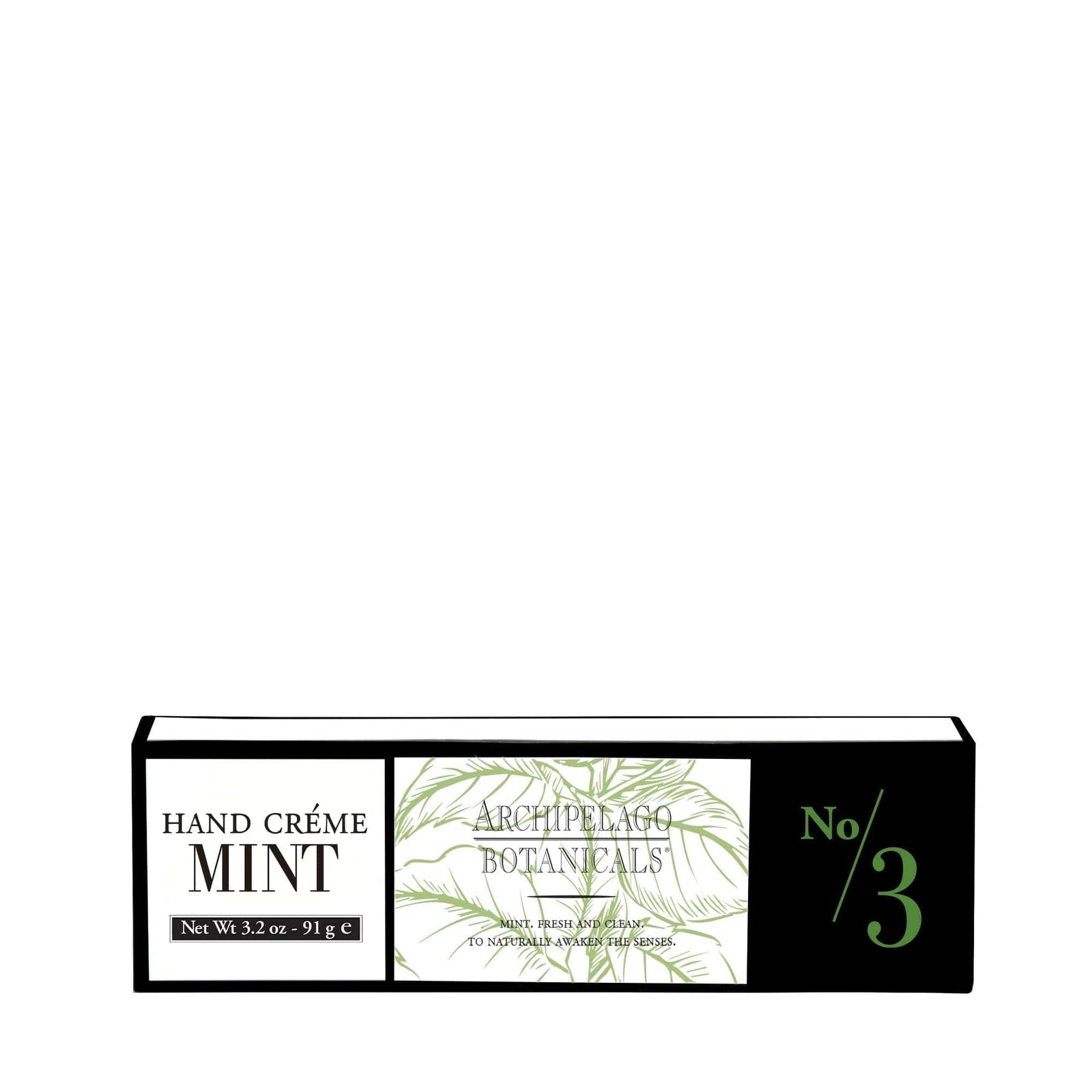 A rectangular box of Archipelago Botanicals Morning Mint Hand Creme, 3.2 oz, featuring a white background, green leaf illustration, and black and green text—perfect for soothing dry skin and chapped hands. - image 4