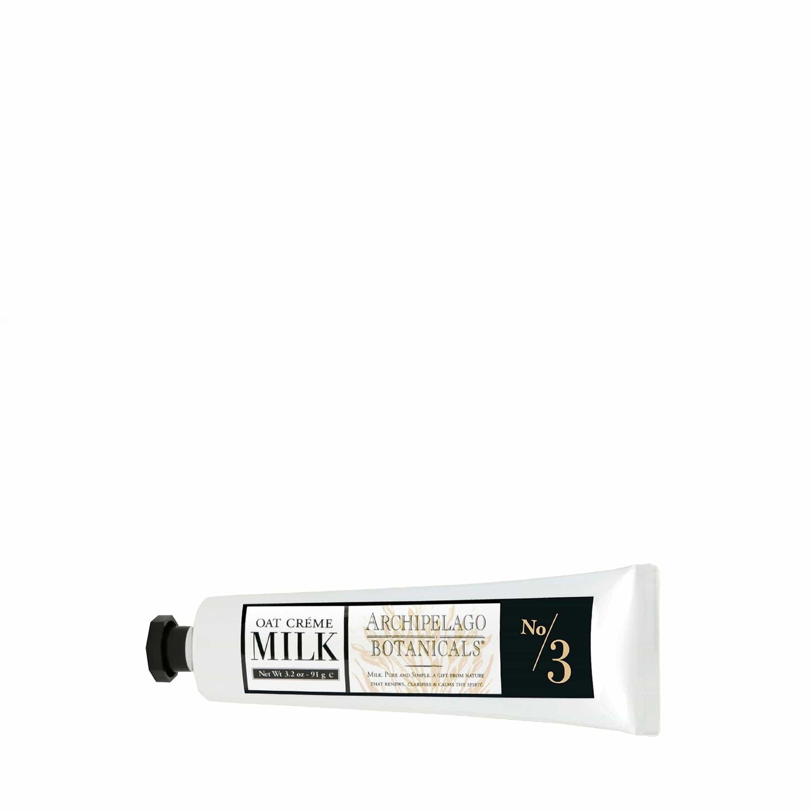 A white tube of Oat Milk Hand Creme, labeled No. 3, with a black cap and black, white, and gold product labels—this luxurious hand cream is the perfect moisturizer for dry hands and an essential part of any skincare routine. - image 3