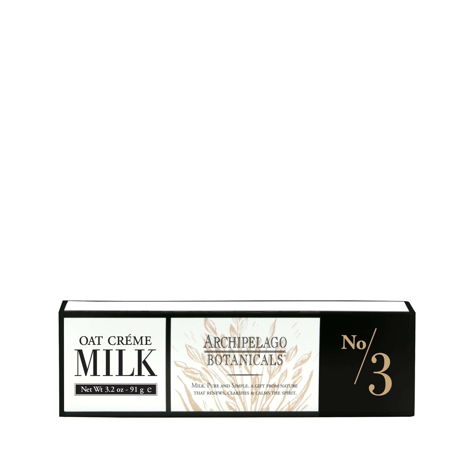 A rectangular box labeled Oat Milk Hand Creme by Archipelago Botanicals, No/3, features a light background with oat illustrations. This moisturizing hand cream is ideal for dry hands and comes in a 3.2 oz (91 g) size. - image 4