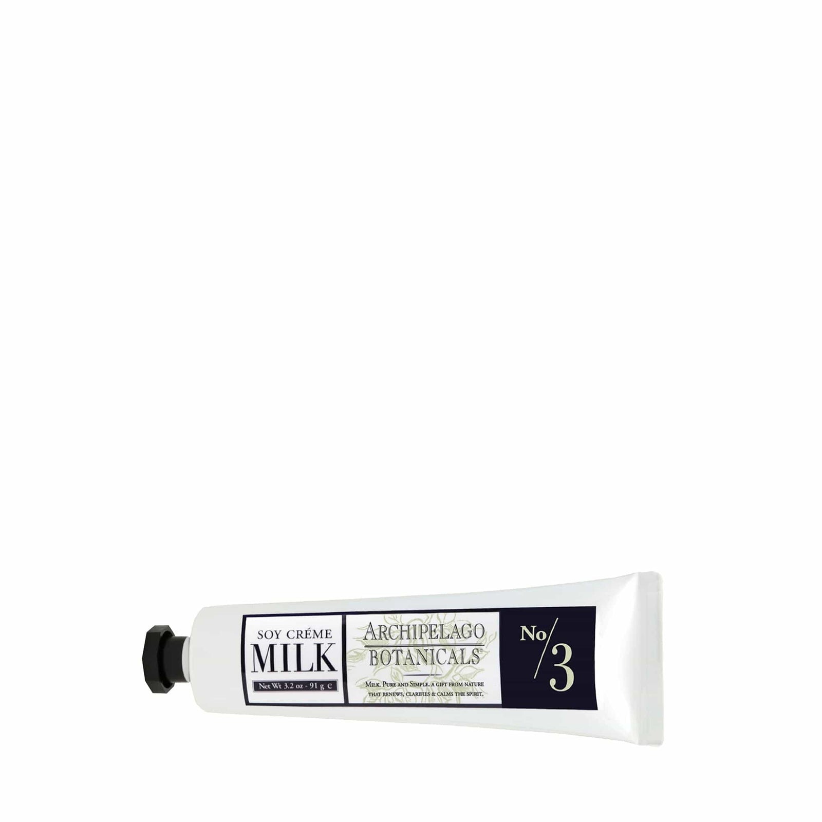 A white tube labeled Soy Milk Hand Creme and Archipelago Botanicals No. 3, featuring a black cap and set against a plain white background, presents a luxurious hand cream enriched with nourishing soy extract—an ideal addition to your daily skincare regimen. - image 3