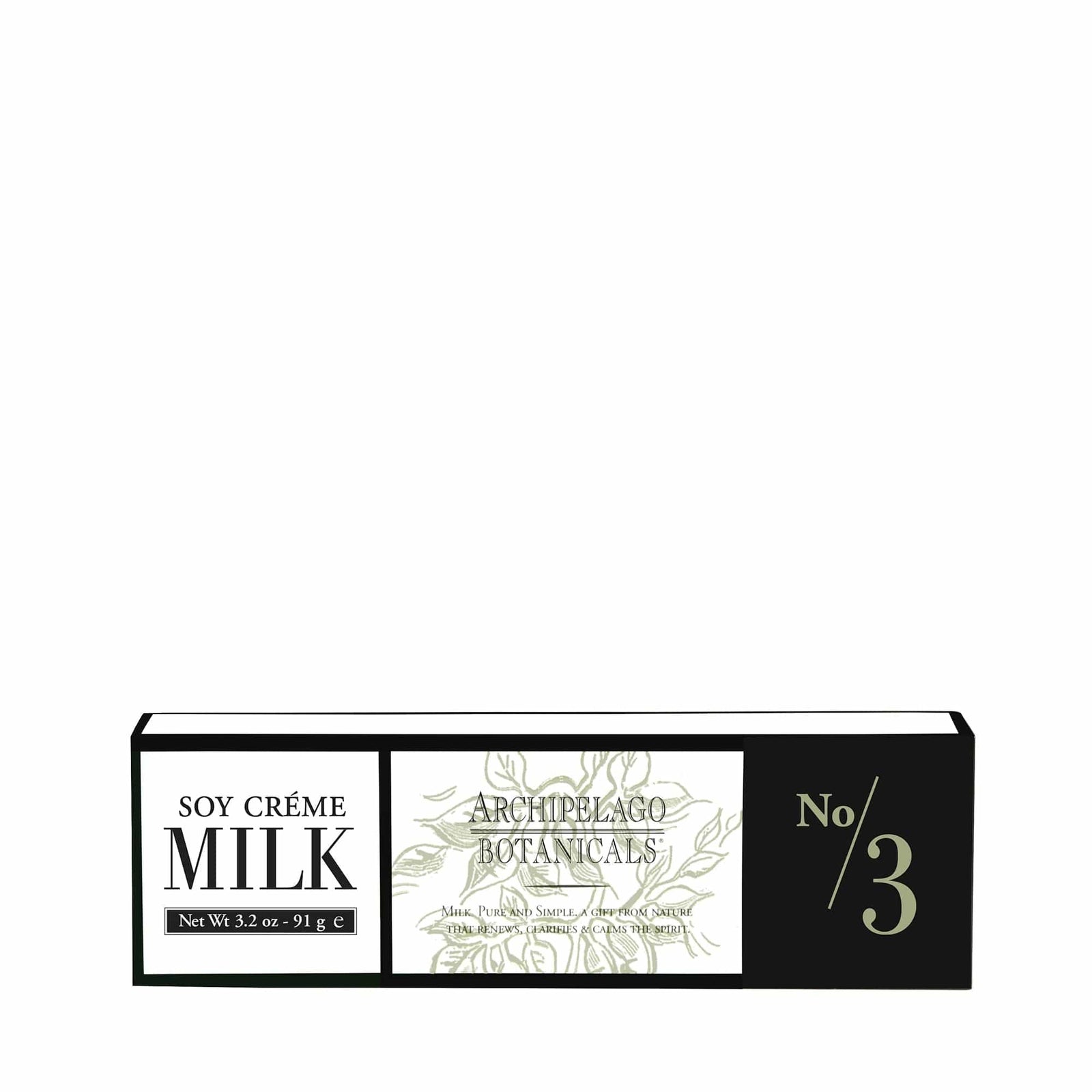 A rectangular box labeled Soy Milk Hand Creme and Archipelago Botanicals No 3, featuring botanical illustrations and green and black text on a white background, perfect for adding a touch of luxury to any skincare routine. - image 4