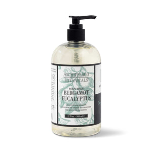A clear plastic pump bottle of Bergamot Eucalyptus 17 oz. Body Wash features plant-based ingredients and an all-natural fragrance. It has a white and green label with black text and contains 17 fl oz (503 ml) of liquid.1