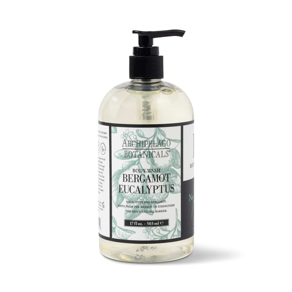 A clear plastic pump bottle of Bergamot Eucalyptus 17 oz. Body Wash features plant-based ingredients and an all-natural fragrance. It has a white and green label with black text and contains 17 fl oz (503 ml) of liquid.