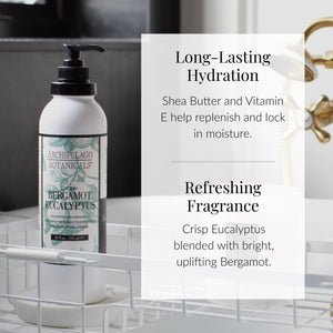 A bottle of Bergamot Eucalyptus Body Lotion rests in a white dish rack, with text emphasizing its plant-based formula that delivers long-lasting hydration and a refreshing fragrance.6