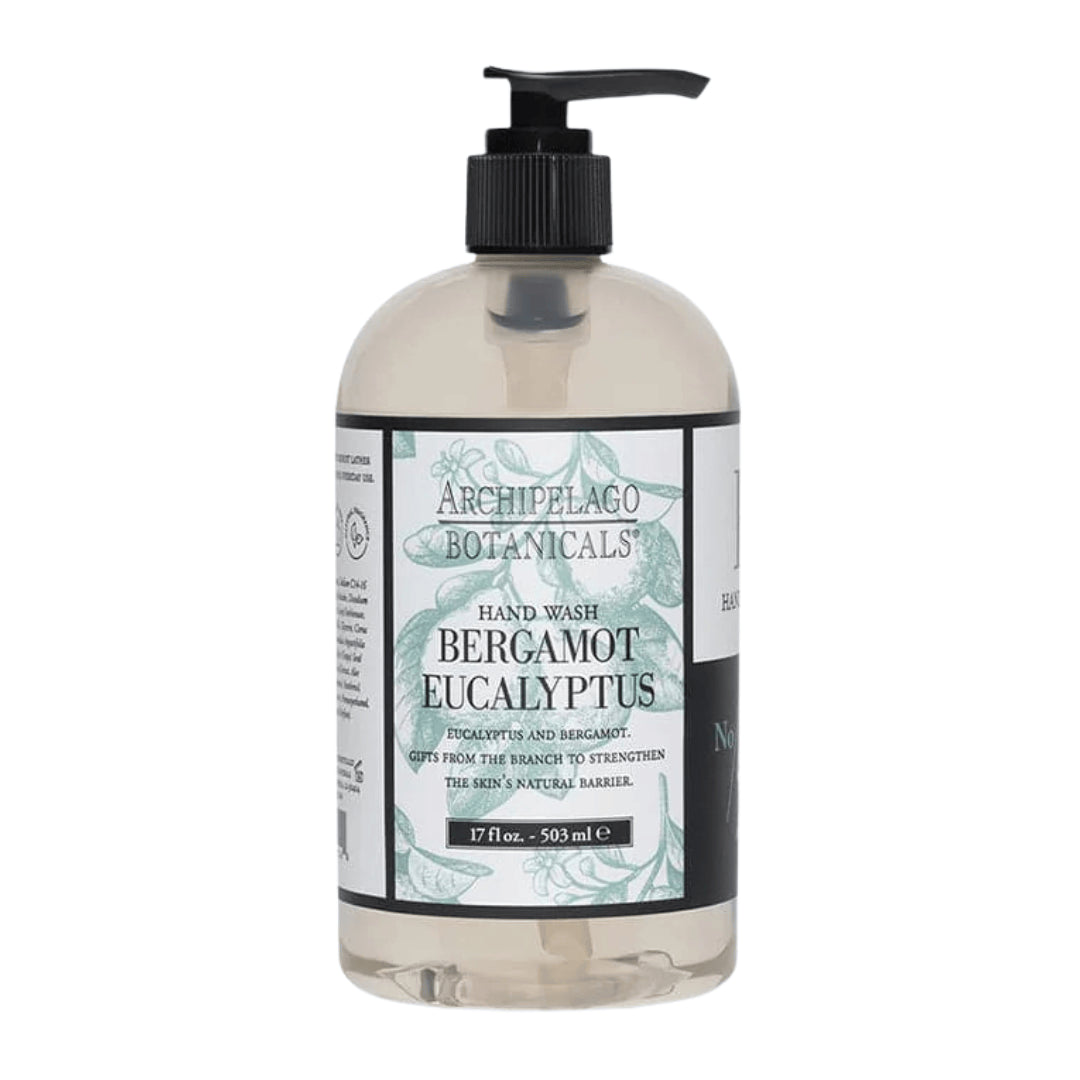 Bottle of Archipelago Botanicals Bergamot Eucalyptus hand wash on a white background1