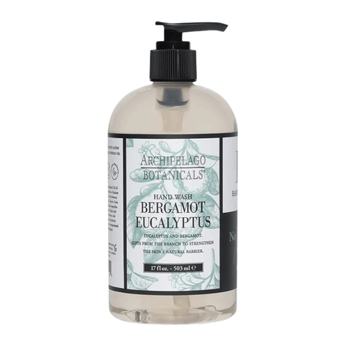 Bottle of Archipelago Botanicals Bergamot Eucalyptus hand wash on a white background