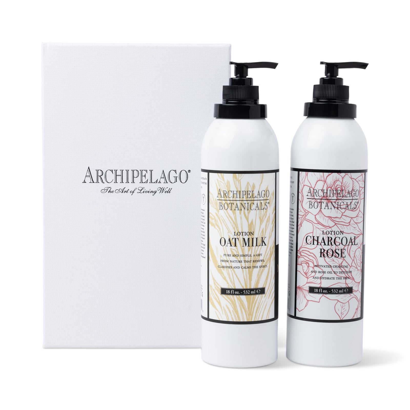 Two white pump bottles from the Best Selling Luxury Lotion Gift Set—one Oat Milk Lotion and one Charcoal Rose Lotion—stand before a white gift box featuring elegant black text.1