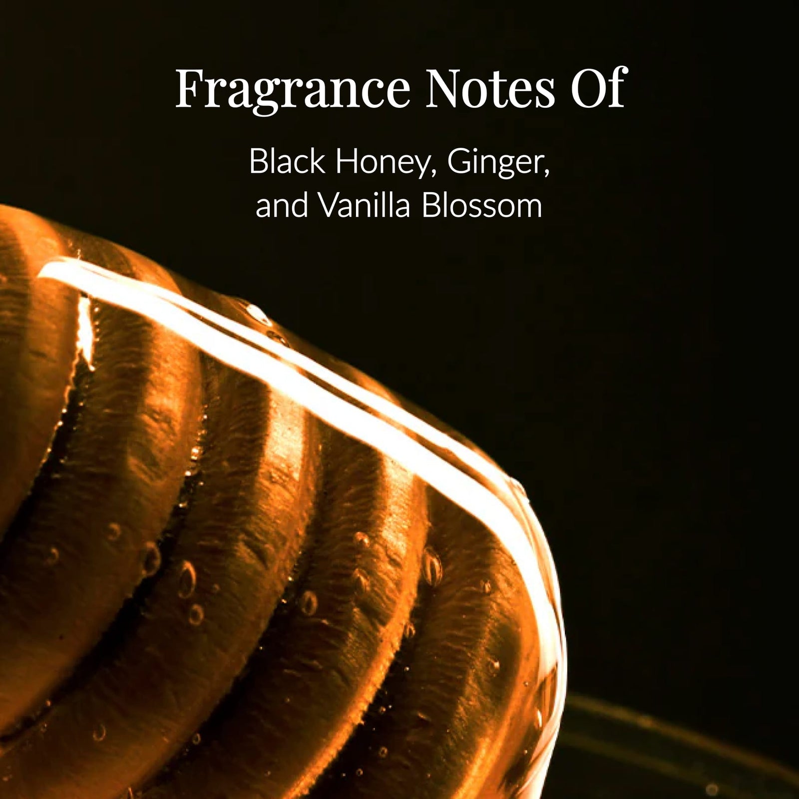 A honey dipper drizzled with honey appears alongside text reading: Fragrance Notes of Black Honey, Ginger, and Vanilla Blossom on a dark background—perfectly capturing the essence of our hydrating Black Honey Body Lotion for your daily moisturizing routine.4