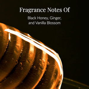 A honey dipper drizzled with honey appears alongside text reading: Fragrance Notes of Black Honey, Ginger, and Vanilla Blossom on a dark background—perfectly capturing the essence of our hydrating Black Honey Body Lotion for your daily moisturizing routine.4