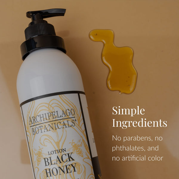 A bottle of Black Honey Body Lotion next to a spill of yellow liquid, with text: Simple Ingredients – No parabens, no phthalates, and no artificial color. Experience this hydrating lotion for smoother, softer skin.
