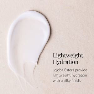 A smear of white lotion on beige paper with text: Lightweight Hydration. Natural beauty ingredients like Jojoba Esters provide lightweight hydration with a silky finish, making Botanico de Havana Body Lotion an ideal moisturizing body lotion.4