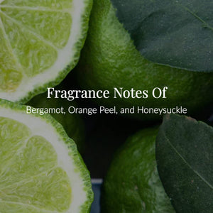 A close-up image of fresh green bergamot fruits—some sliced open alongside lush leaves—overlaid with text: Botanico de Havana Body Lotion features fragrance notes of bergamot, orange peel, and honeysuckle, capturing the citrus scent that makes this lotion truly irresistible.3