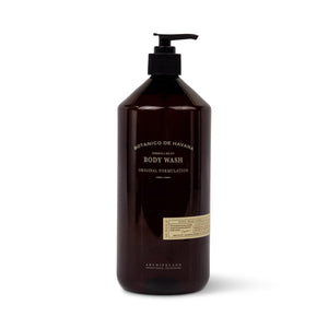 A brown plastic bottle of Botanico de Havana Body Wash with a black pump dispenser and a rectangular label. - image 1