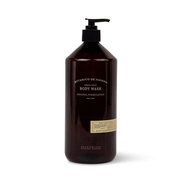 A brown plastic bottle of Botanico de Havana Body Wash with a black pump dispenser and a rectangular label.