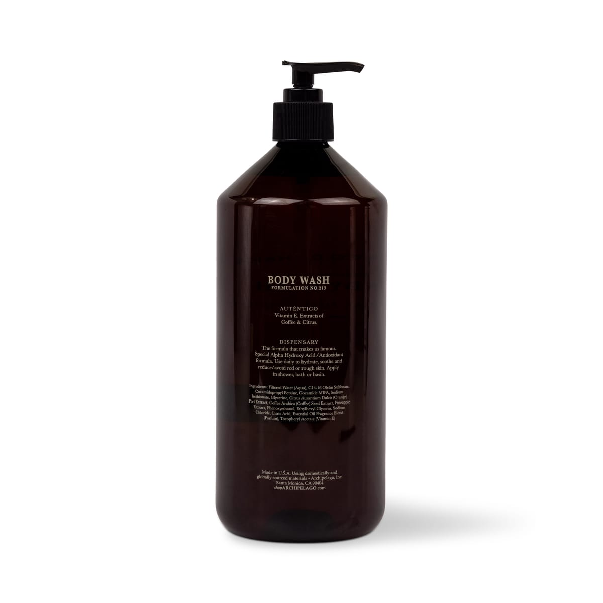 A large brown bottle of Botanico de Havana Body Wash with a black pump dispenser and a label detailing ingredients and usage instructions. - image 2
