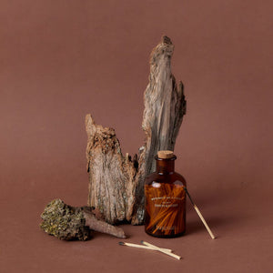 Botanico de Havana Matches in brown bottle placed next to tree bark.2