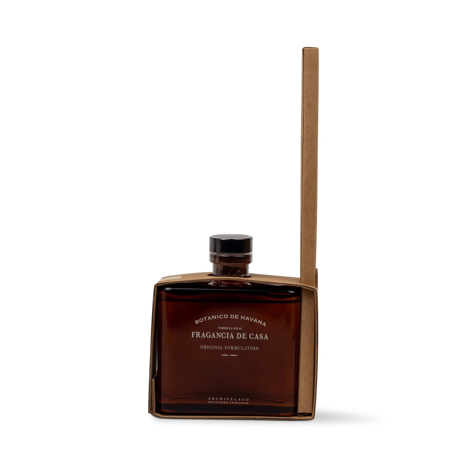 A square amber glass Botanico de Havana Reed Diffuser bottle nestled in a minimalist brown cardboard sleeve. - image 1