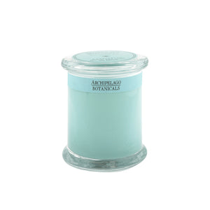 The Charleston Jar Candle features pale blue hand-poured wax in a clear glass jar with a matching lid. Its Archipelago Botanicals label and delicate floral fragrance fill your space with elegance.1